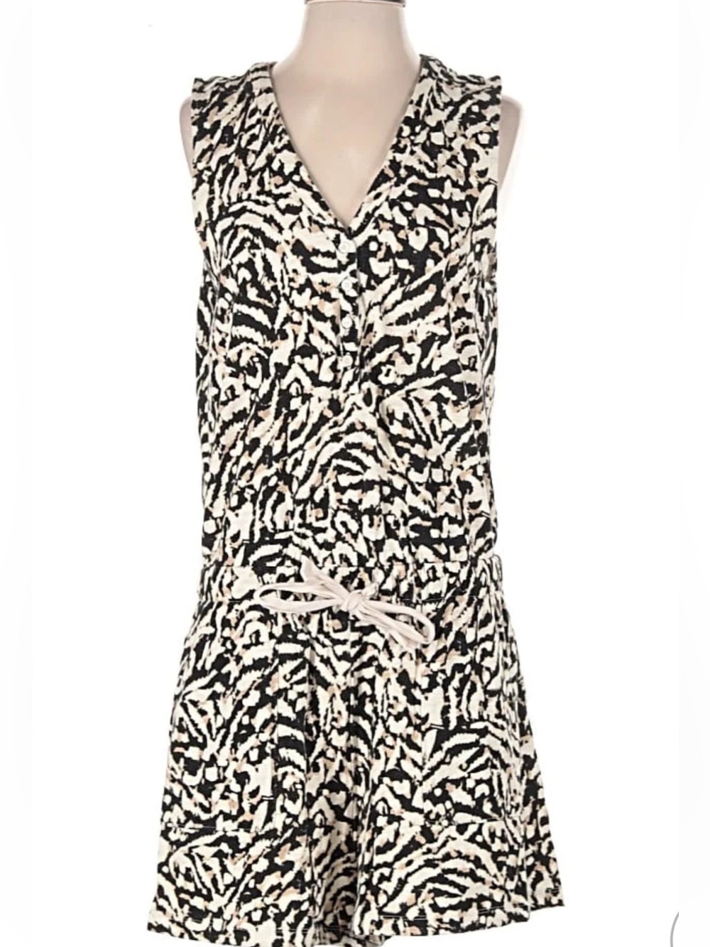 Lou & Grey Sleeveless Animal Print Drawstring Romper Dress - Black & Cream - Picture 3 of 9